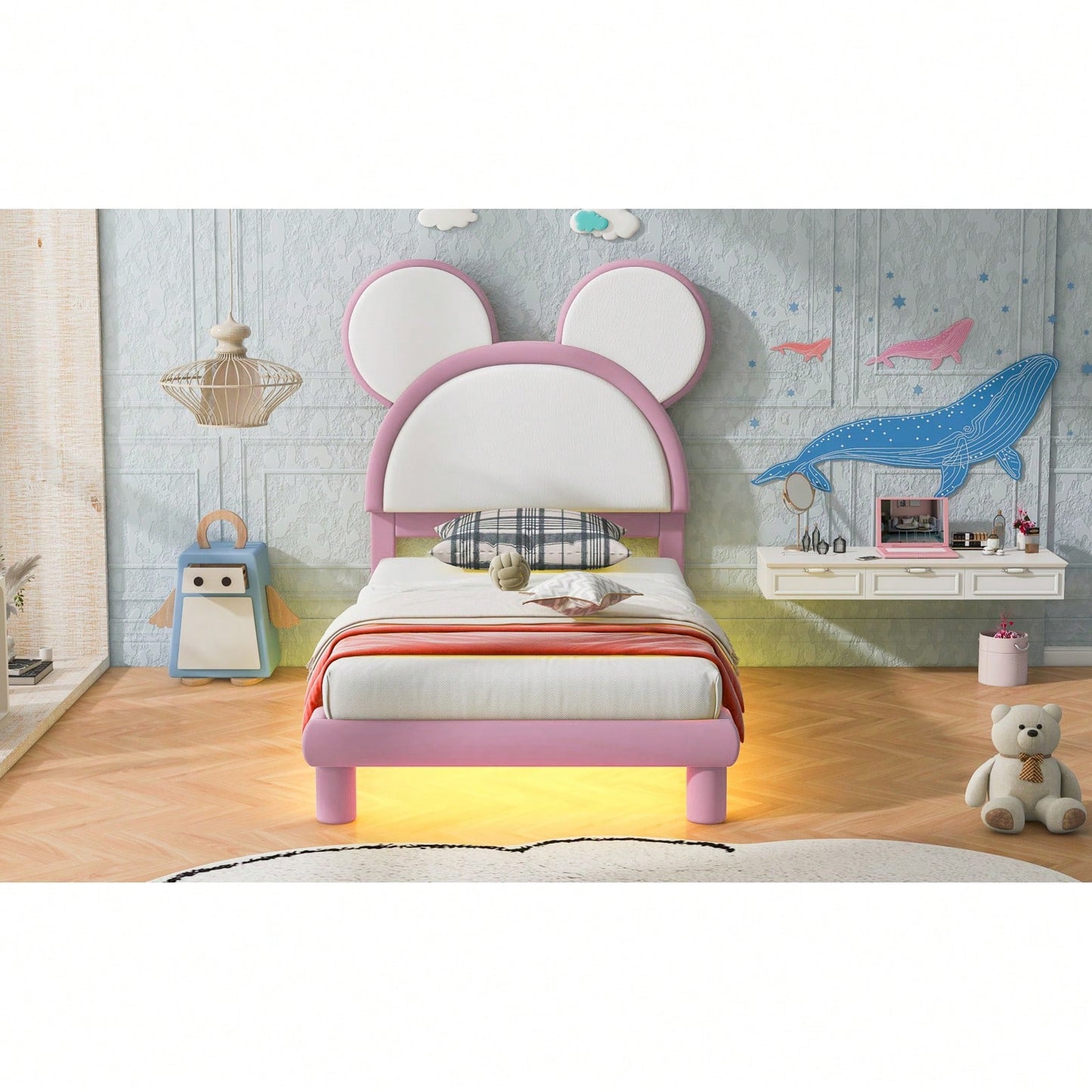 Twin Size Upholstered Platform Bed With Cartoon Ears Shaped Headboard And LED