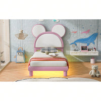 Twin Size Upholstered Platform Bed With Cartoon Ears Shaped Headboard And LED