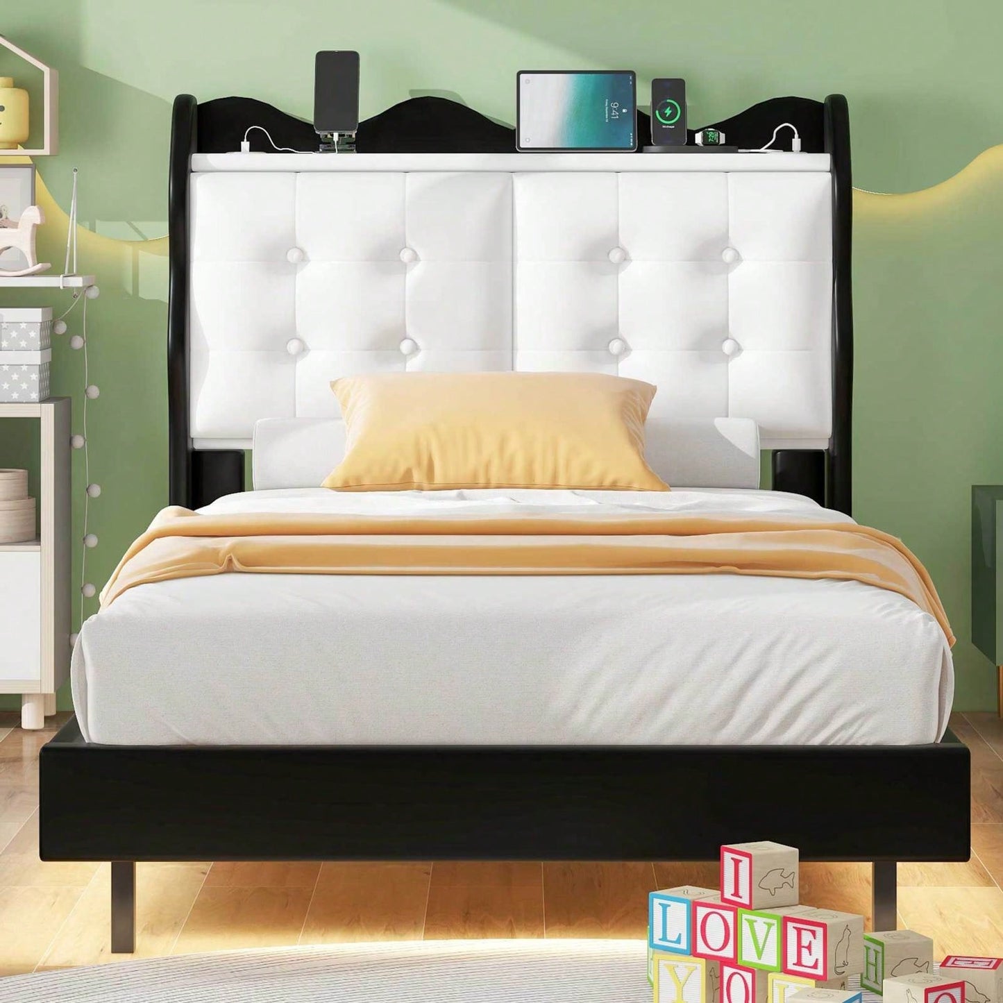 Twin Size Upholstery Platform Bed Frame With LED Light Strips,Headboard Storage Space And USB Charging