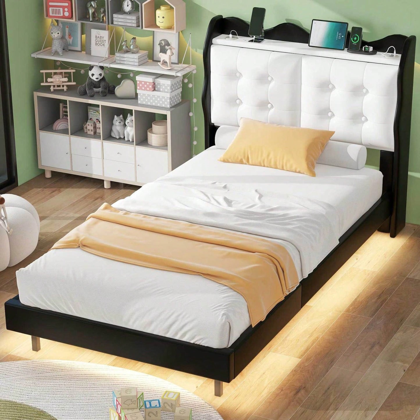 Twin Size Upholstery Platform Bed Frame With LED Light Strips,Headboard Storage Space And USB Charging