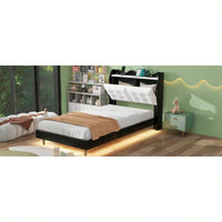 Twin Size Upholstery Platform Bed Frame With LED Light Strips,Headboard Storage Space And USB Charging