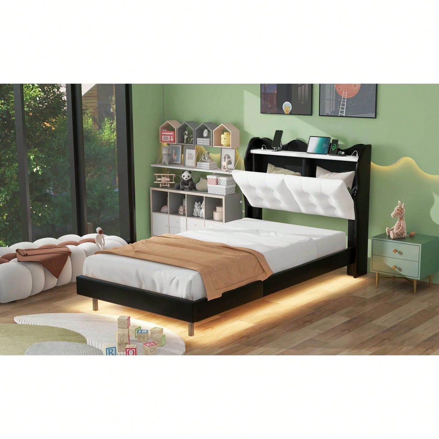 Twin Size Upholstery Platform Bed Frame With LED Light Strips,Headboard Storage Space And USB Charging