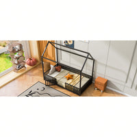 Twin Size Metal House Bed With Fence And Door