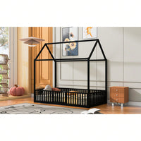 Twin Size Metal House Bed With Fence And Door