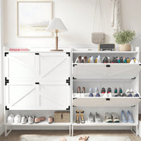 Narrow Farmhouse Shoe Cabinet with Doors and Open Storage for Entryway Hallway Living Room 2 Tier Flip Drawer Organizer