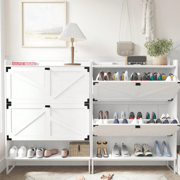 Narrow Farmhouse Shoe Cabinet with Doors and Open Storage for Entryway Hallway Living Room 2 Tier Flip Drawer Organizer