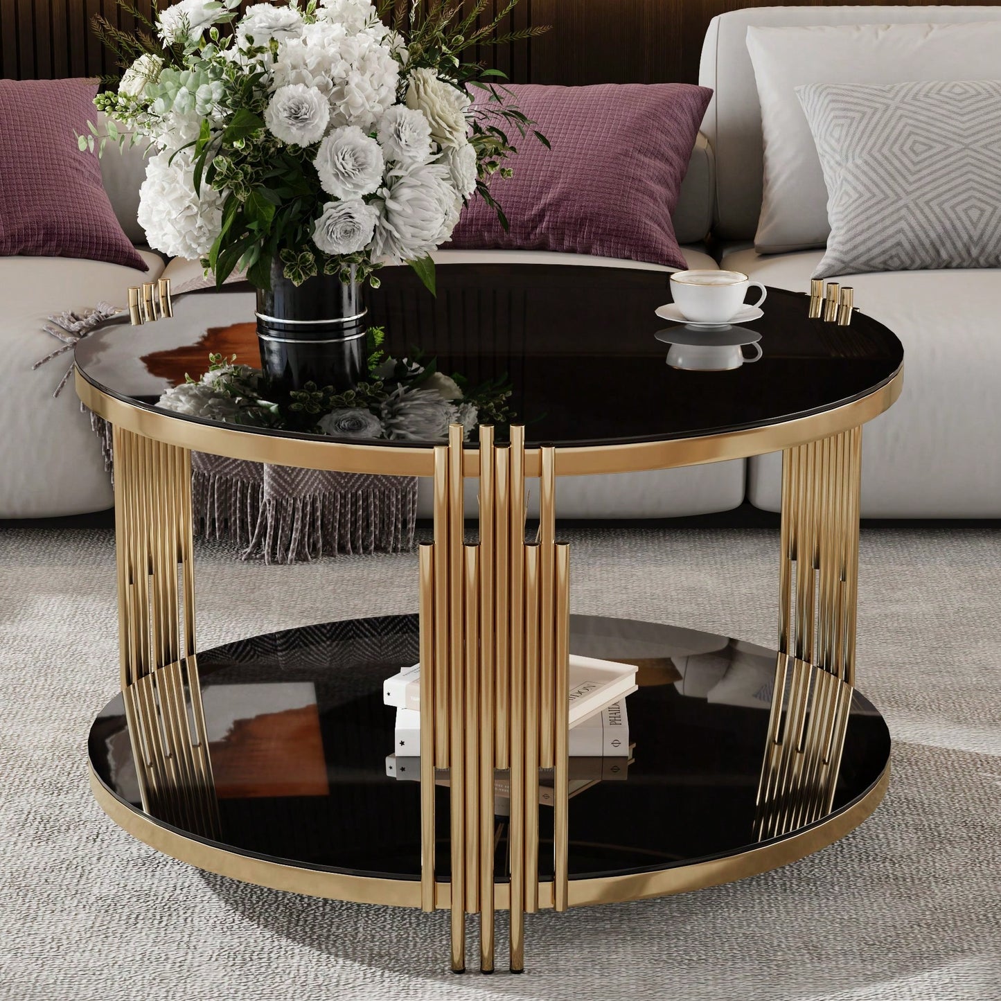Asymmetrical Black Mirror Coffee Table With Circular Metal Drum Base & Lower Shelf