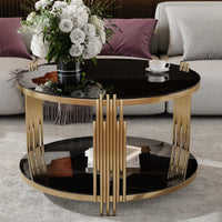 Asymmetrical Black Mirror Coffee Table With Circular Metal Drum Base & Lower Shelf