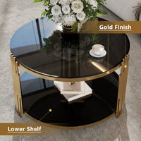 Asymmetrical Black Mirror Coffee Table With Circular Metal Drum Base & Lower Shelf