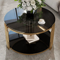 Asymmetrical Black Mirror Coffee Table With Circular Metal Drum Base & Lower Shelf