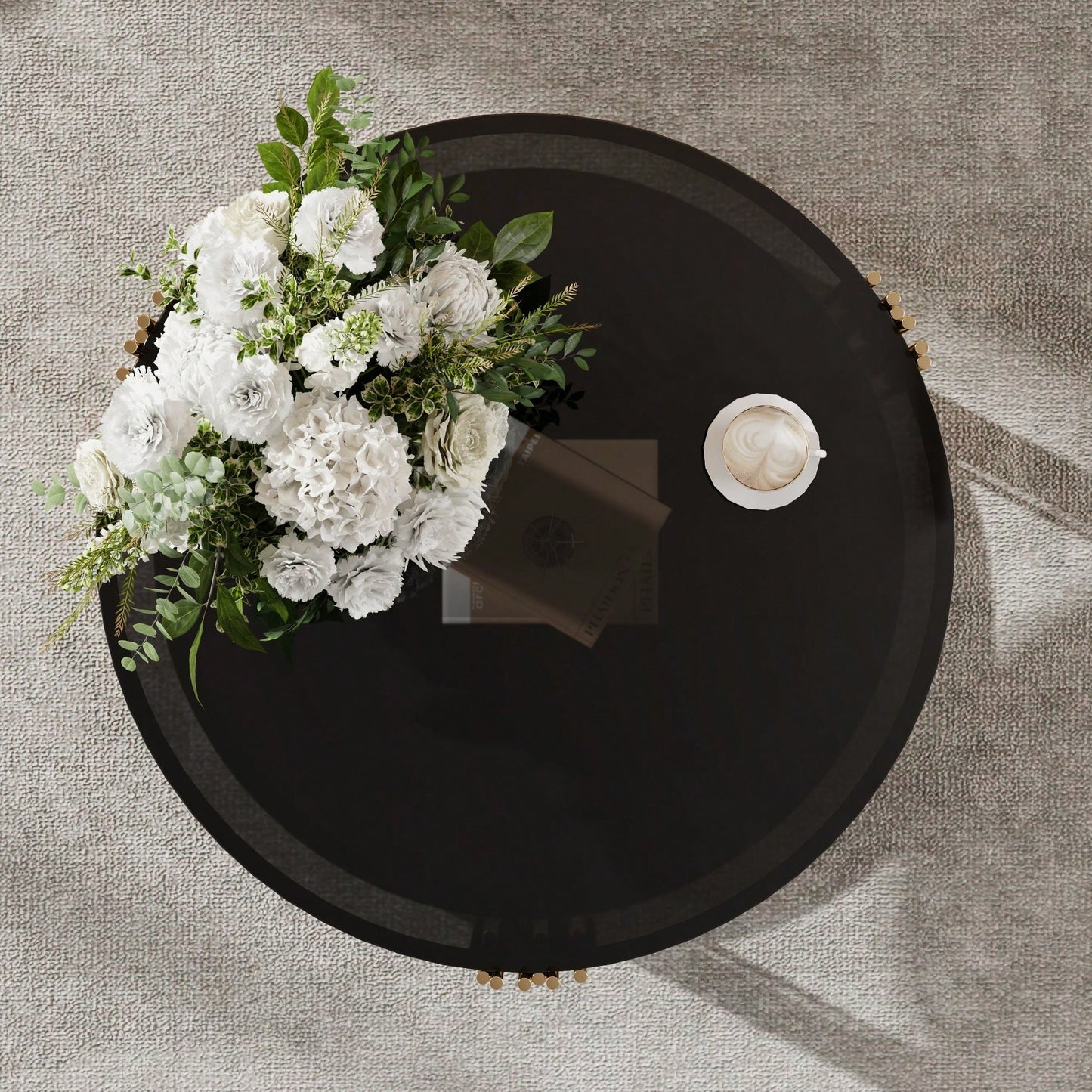 Asymmetrical Black Mirror Coffee Table With Circular Metal Drum Base & Lower Shelf
