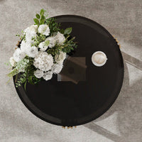 Asymmetrical Black Mirror Coffee Table With Circular Metal Drum Base & Lower Shelf