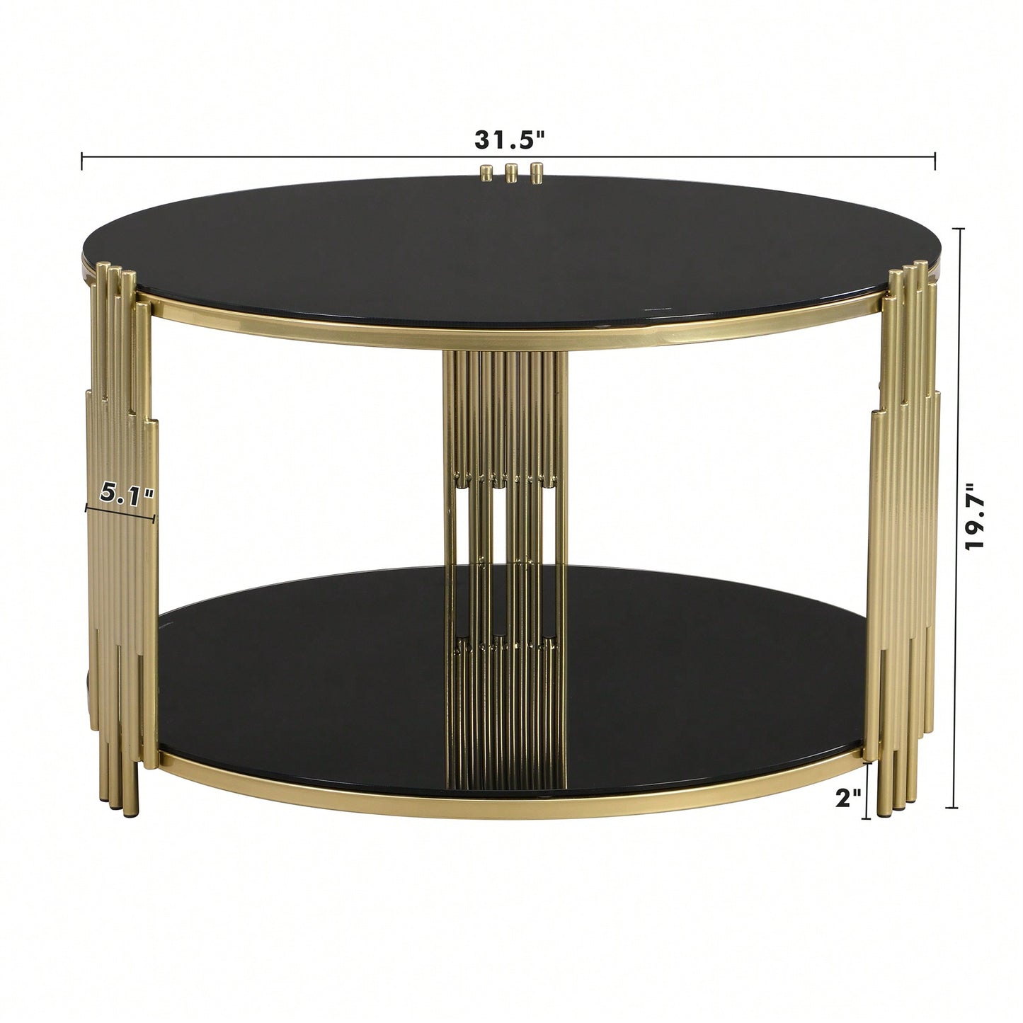 Asymmetrical Black Mirror Coffee Table With Circular Metal Drum Base & Lower Shelf