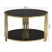 Asymmetrical Black Mirror Coffee Table With Circular Metal Drum Base & Lower Shelf