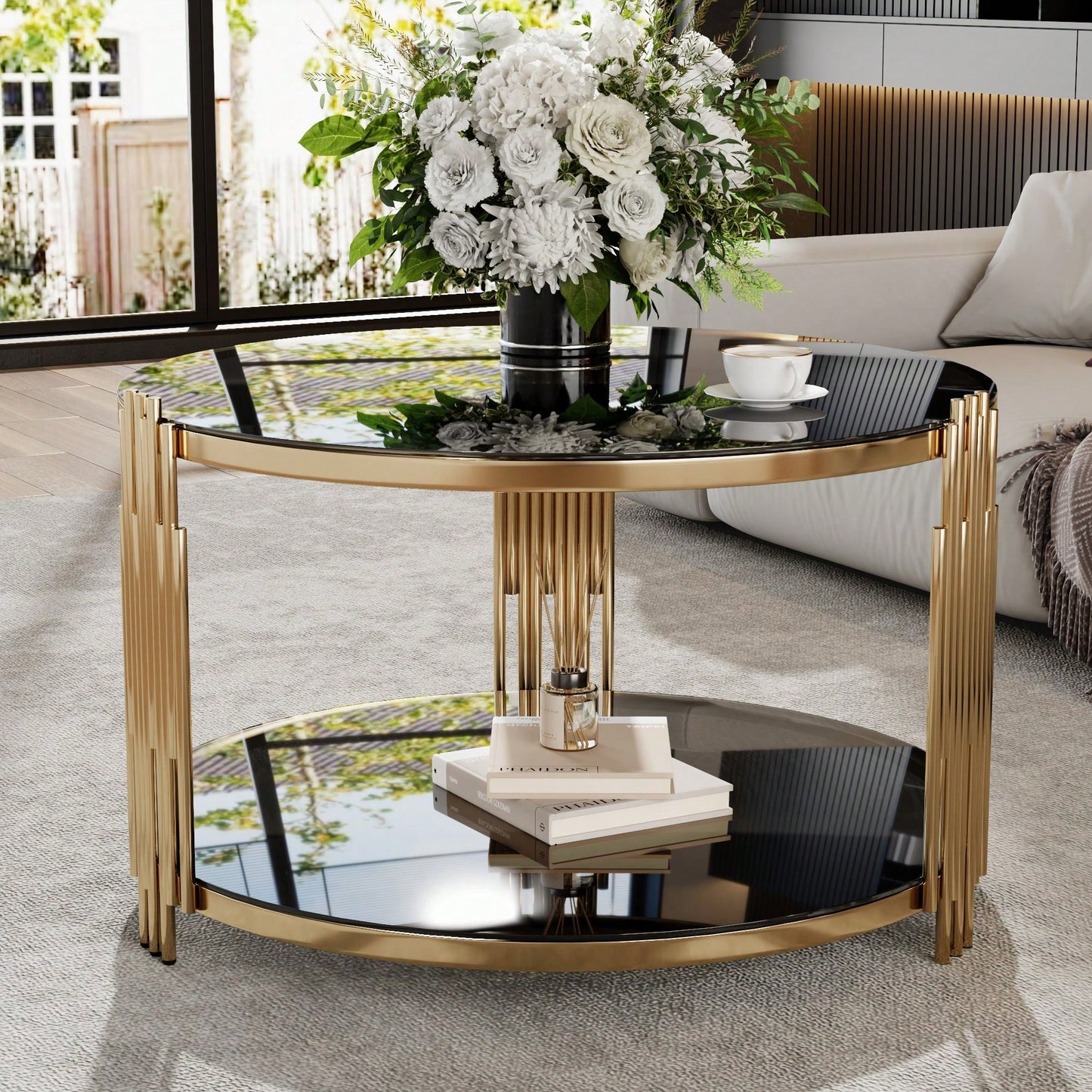 Asymmetrical Black Mirror Coffee Table With Circular Metal Drum Base & Lower Shelf