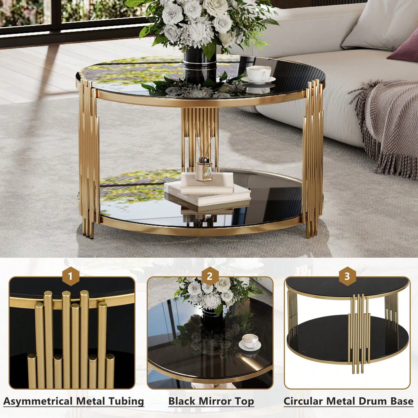 Asymmetrical Black Mirror Coffee Table With Circular Metal Drum Base & Lower Shelf