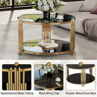 Asymmetrical Black Mirror Coffee Table With Circular Metal Drum Base & Lower Shelf