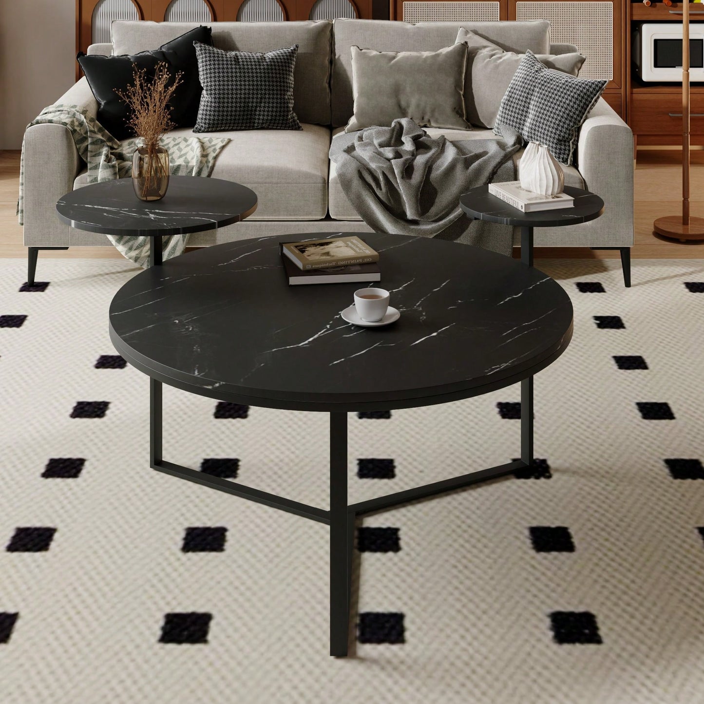 Two-Tier Modern Coffee Table With Faux Marble Surfaces, Tripod-Inspired Base