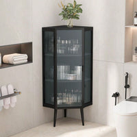 22 Inch Corner Floor Cabinet with Glass Doors 3-Tier Storage for Bathroom Living Room Bedroom Space-Saving Easy Assembly