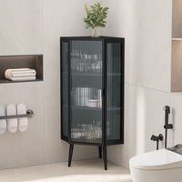22 Inch Corner Floor Cabinet with Glass Doors 3-Tier Storage for Bathroom Living Room Bedroom Space-Saving Easy Assembly