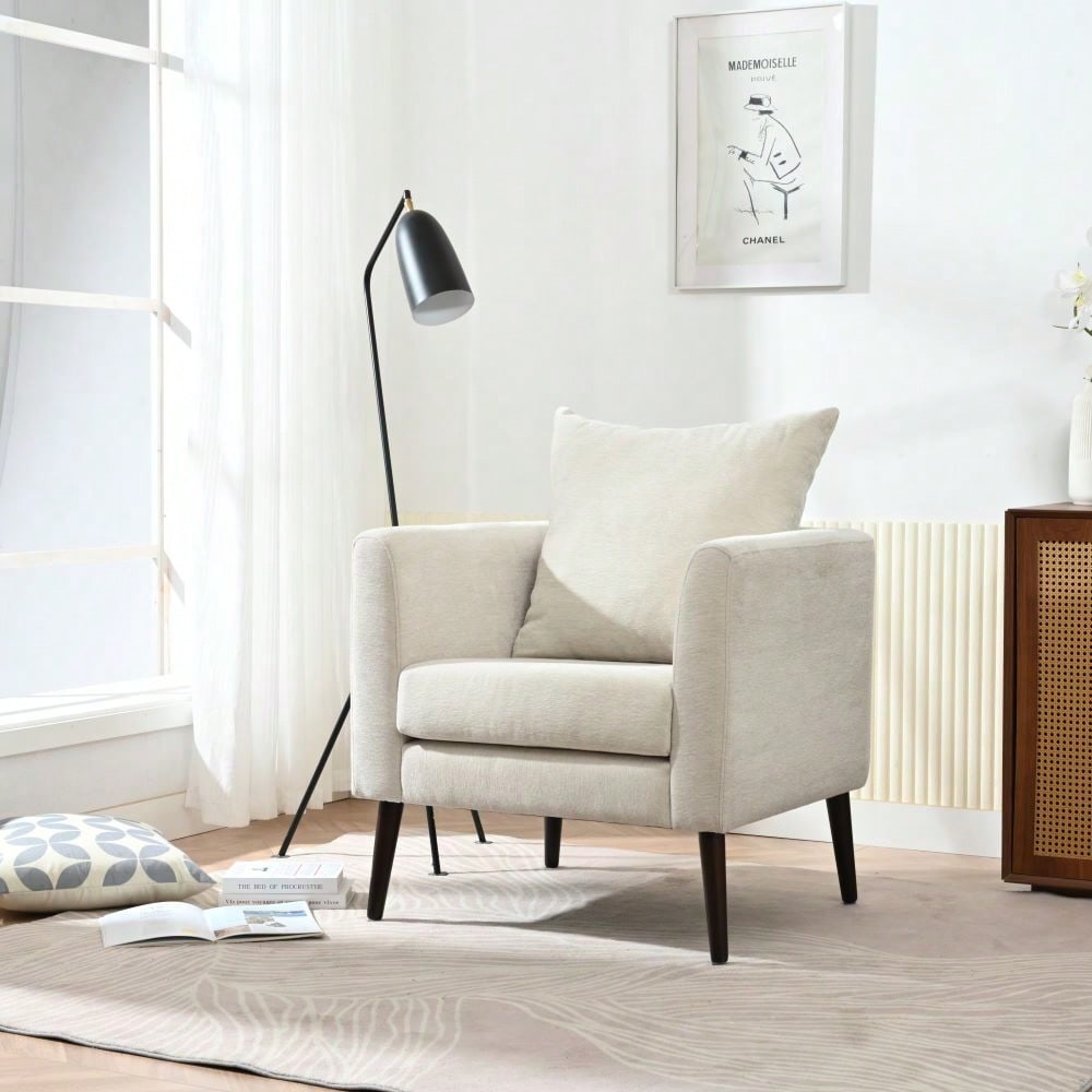 Modern Upholstered Barrel Chair with Solid Wood Legs and Waist Pillow for Living Room Bedroom Study