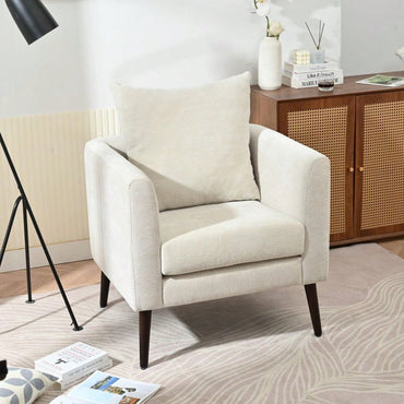 Modern Upholstered Barrel Chair with Solid Wood Legs and Waist Pillow for Living Room Bedroom Study