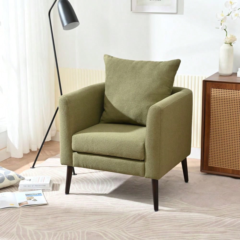 Modern Upholstered Barrel Chair with Solid Wood Legs and Waist Pillow for Living Room Bedroom Study