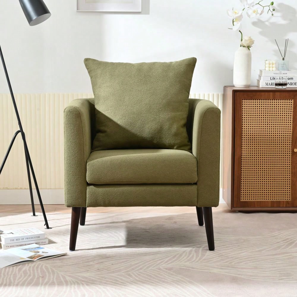 Modern Upholstered Barrel Chair with Solid Wood Legs and Waist Pillow for Living Room Bedroom Study