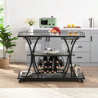 Industrial 3-Tier Rolling Bar Cart with Wine Rack and Glass Holder Heavy Duty Metal Kitchen Serving Cart on Wheels