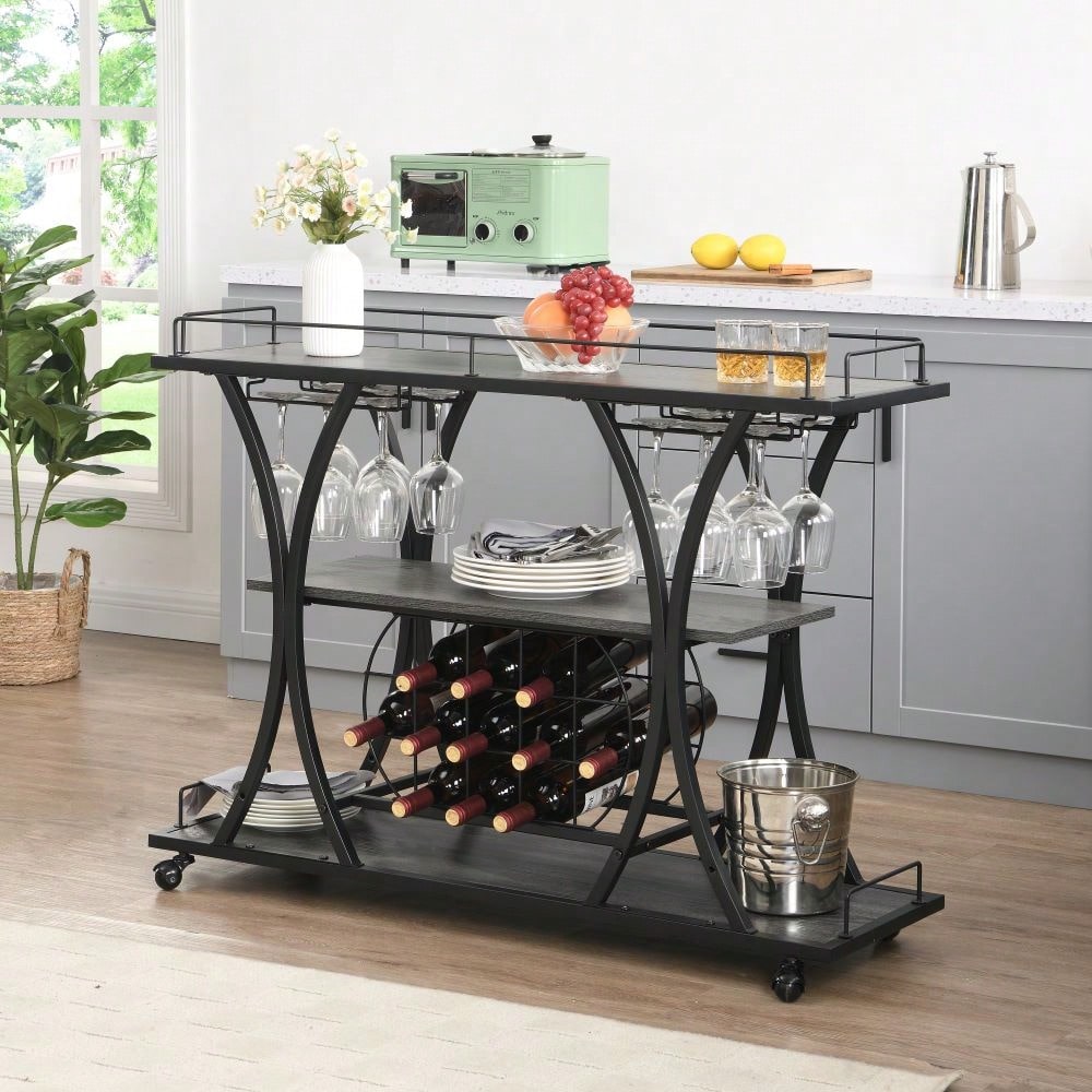 Industrial 3-Tier Rolling Bar Cart with Wine Rack and Glass Holder Heavy Duty Metal Kitchen Serving Cart on Wheels