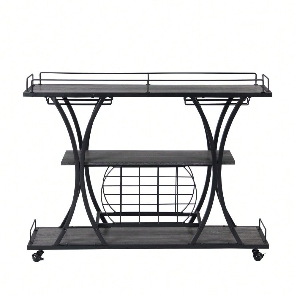 Industrial 3-Tier Rolling Bar Cart with Wine Rack and Glass Holder Heavy Duty Metal Kitchen Serving Cart on Wheels