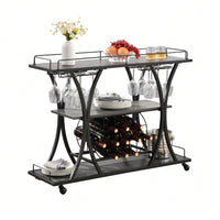 Industrial 3-Tier Rolling Bar Cart with Wine Rack and Glass Holder Heavy Duty Metal Kitchen Serving Cart on Wheels