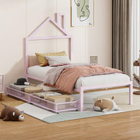 Twin Metal Platform Bed With 2 Drawers, House-Shaped Headboard Design