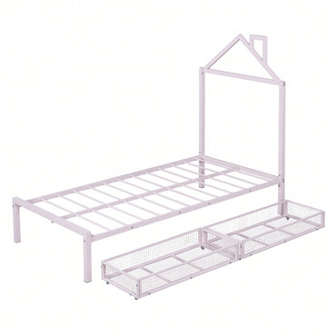 Twin Metal Platform Bed With 2 Drawers, House-Shaped Headboard Design