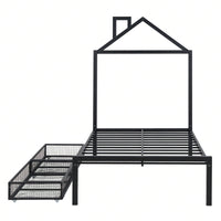 Twin Metal Platform Bed With 2 Drawers, House-Shaped Headboard Design