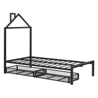 Twin Metal Platform Bed With 2 Drawers, House-Shaped Headboard Design
