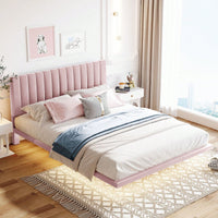 Queen Size Upholstered Platform Bed With Sensor Light And Headboard, Floating Velvet Platform Bed