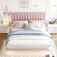 Queen Size Upholstered Platform Bed With Sensor Light And Headboard, Floating Velvet Platform Bed
