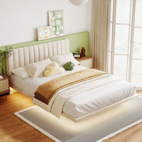 Queen Size Upholstered Platform Bed With Sensor Light And Headboard, Floating Velvet Platform Bed