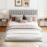 Queen Size Upholstered Platform Bed With Sensor Light And Headboard, Floating Velvet Platform Bed