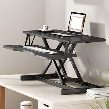 32 Inch Height Adjustable Sit To Stand Riser, Dual Monitor And Laptop Workstation With Wide Keyboard Tray