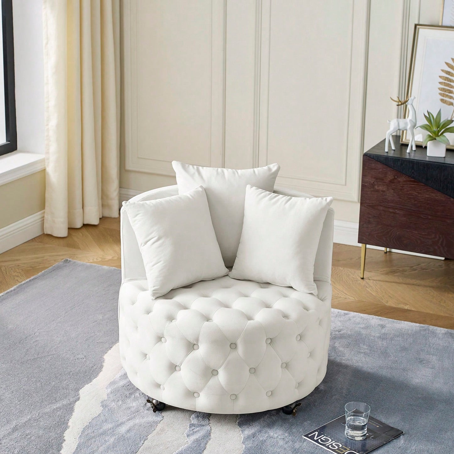 Modern Velvet Upholstered Swivel Chair With Button Tufted Design And Movable Wheels, Including 3 Pillows