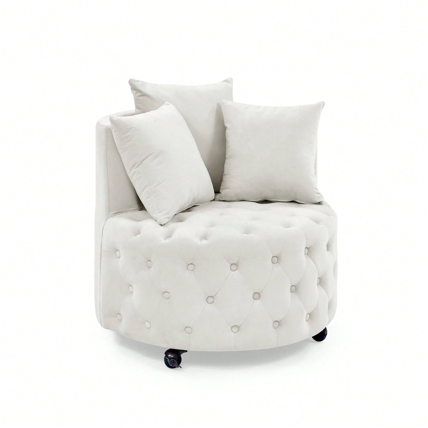 Modern Velvet Upholstered Swivel Chair With Button Tufted Design And Movable Wheels, Including 3 Pillows