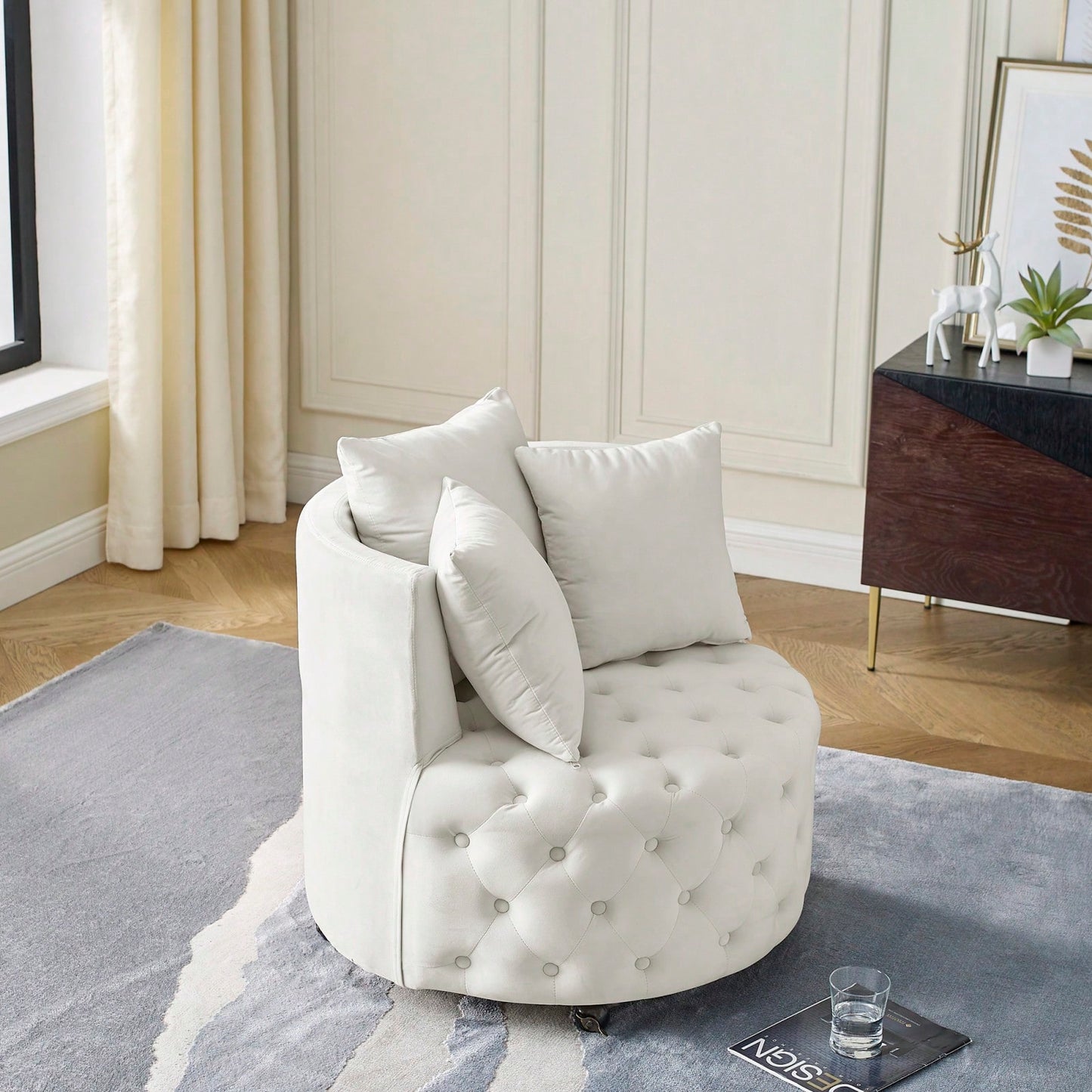 Modern Velvet Upholstered Swivel Chair With Button Tufted Design And Movable Wheels, Including 3 Pillows