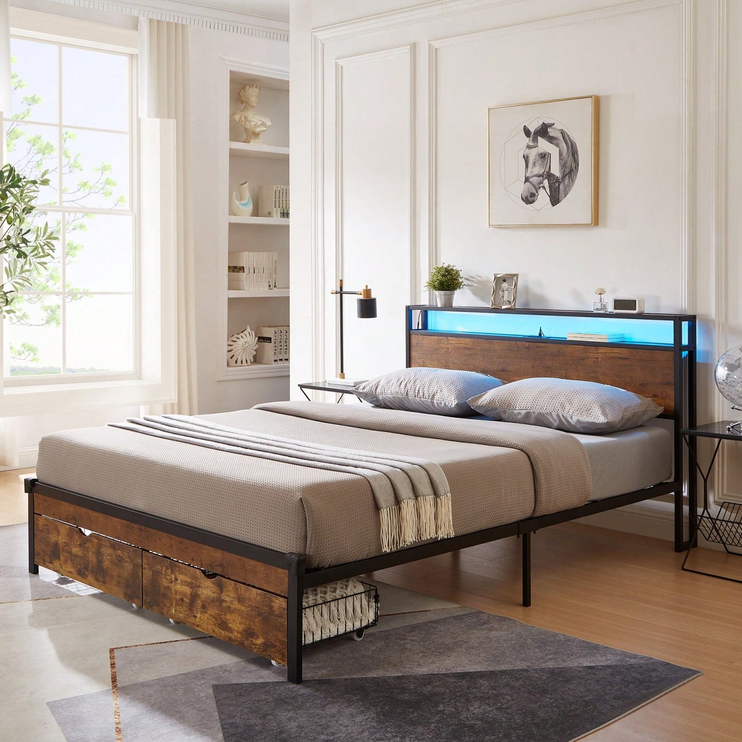 Metal Platform Bed Frame With Wooden Headboard And Footboard, 2 Drawers,LED Lights, No Box Spring Needed, Easy Assemble