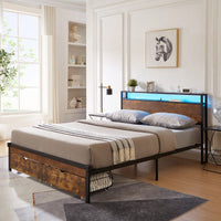 Metal Platform Bed Frame With Wooden Headboard And Footboard, 2 Drawers,LED Lights, No Box Spring Needed, Easy Assemble