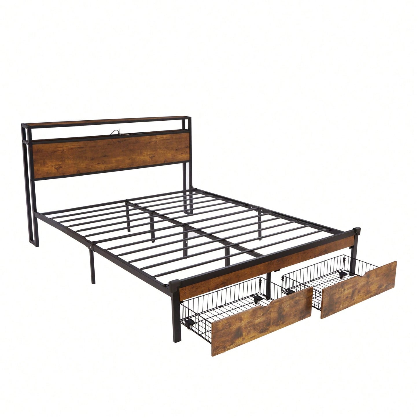 Metal Platform Bed Frame With Wooden Headboard And Footboard, 2 Drawers,LED Lights, No Box Spring Needed, Easy Assemble