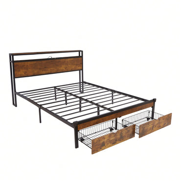 Metal Platform Bed Frame With Wooden Headboard And Footboard, 2 Drawers,LED Lights, No Box Spring Needed, Easy Assemble