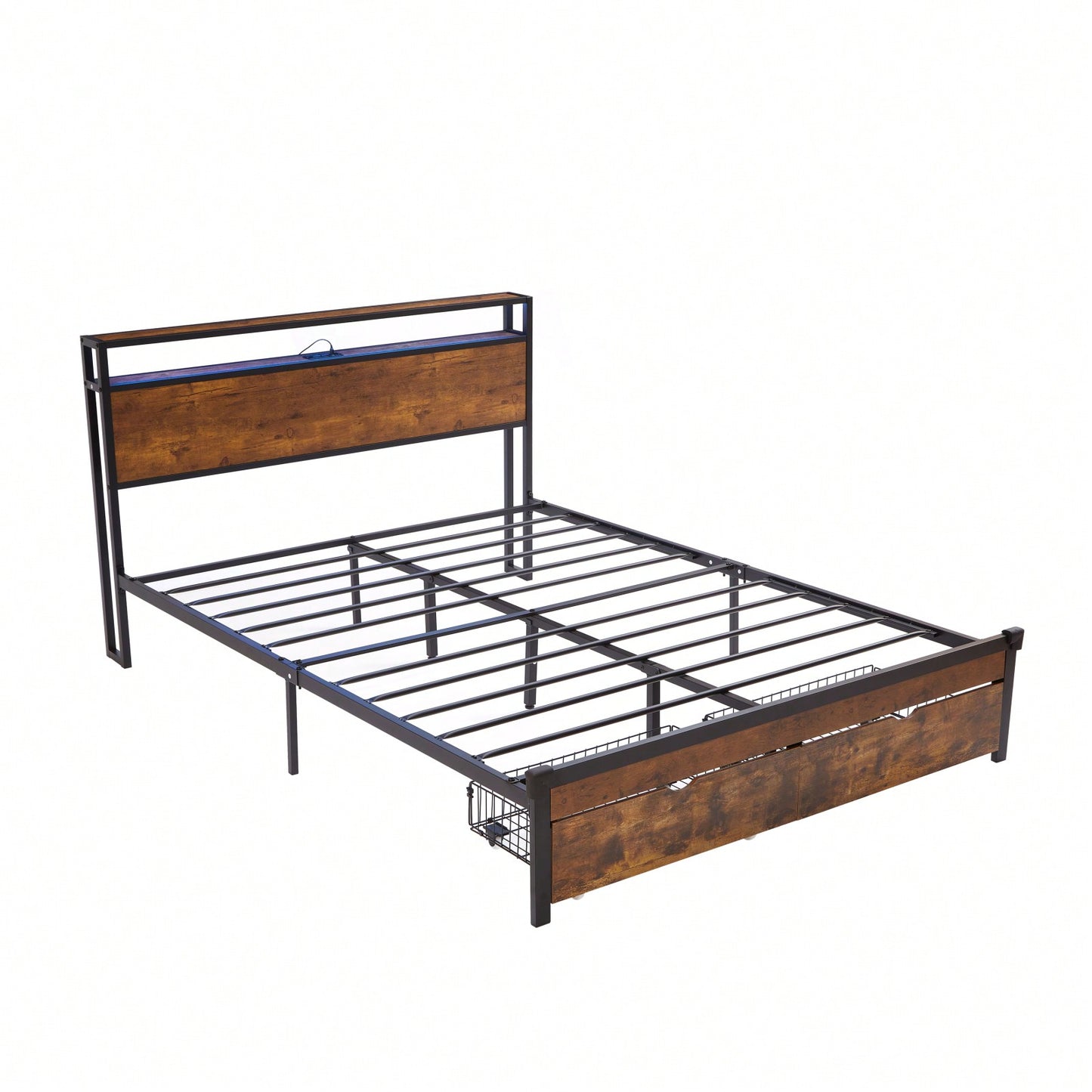 Metal Platform Bed Frame With Wooden Headboard And Footboard, 2 Drawers,LED Lights, No Box Spring Needed, Easy Assemble