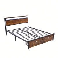 Metal Platform Bed Frame With Wooden Headboard And Footboard, 2 Drawers,LED Lights, No Box Spring Needed, Easy Assemble